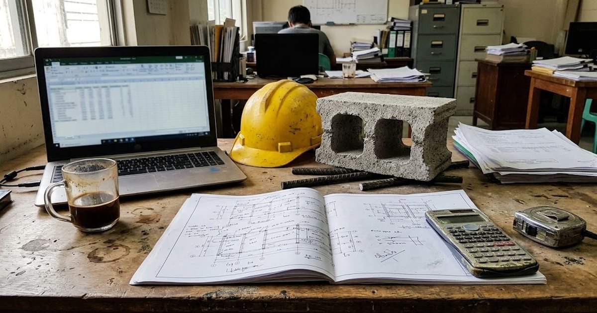 Site office desk with a spreadsheet on a laptop, plans, a calculator, a hard hat and a hollow block