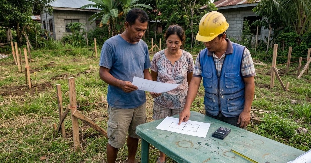 Family reviewing a lot plan with an engineer on their vacant lot