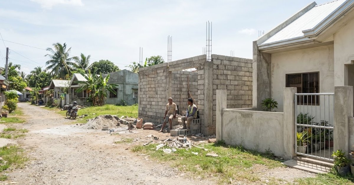 Newly finished single-storey concrete house beside a vacant lot with a small bungalow under construction in a Philippine town