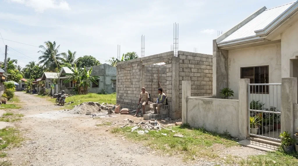 Newly finished single-storey concrete house beside a vacant lot with a small bungalow under construction in a Philippine town