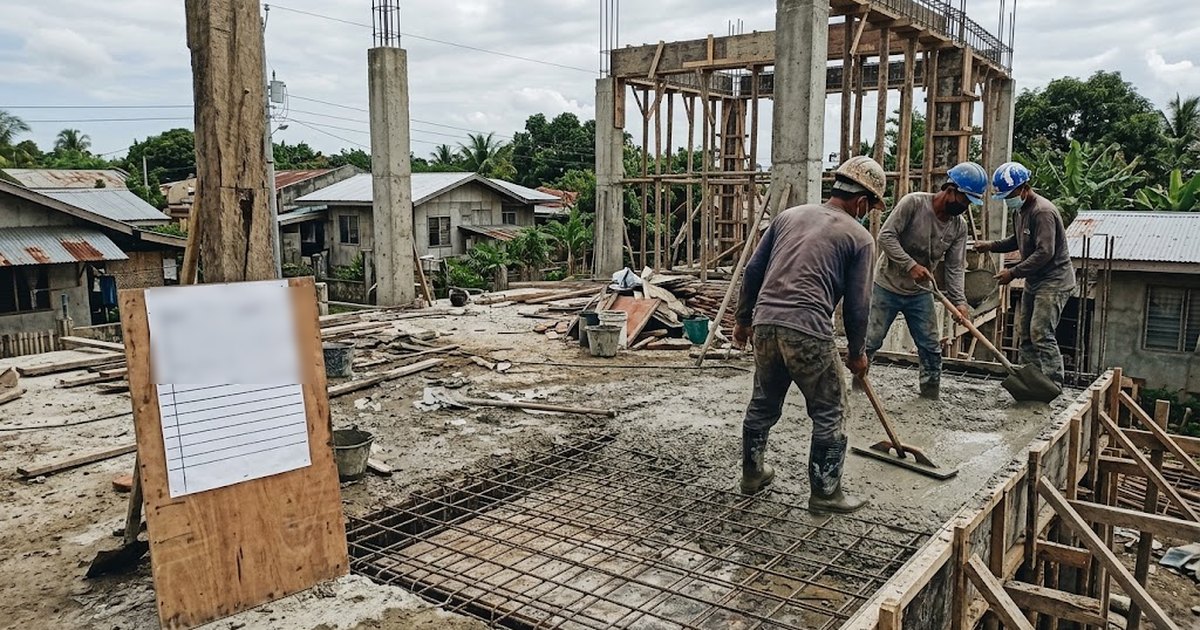 Filipino construction crew casting the second-floor slab of a concrete house with a hand-drawn schedule board standing in the foreground