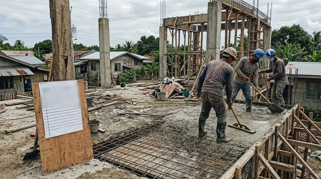 Filipino construction crew casting the second-floor slab of a concrete house with a hand-drawn schedule board standing in the foreground