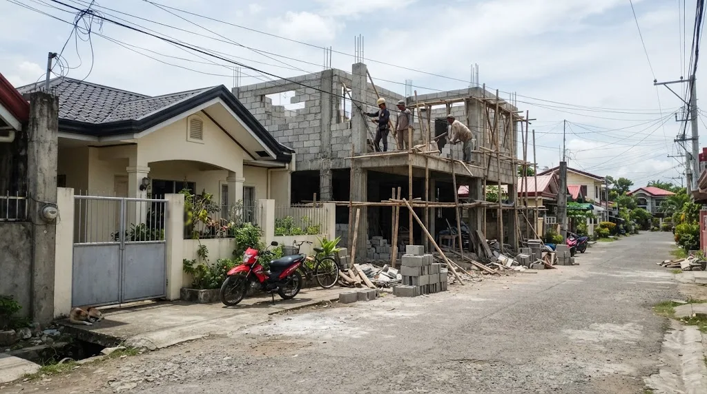A finished concrete bungalow next to a two-storey house under construction on a Philippine subdivision street