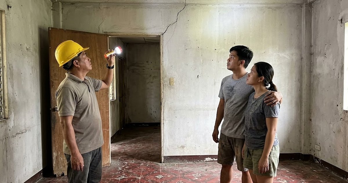 Inspector checking a cracked wall with a flashlight while a couple looks on in a house for sale