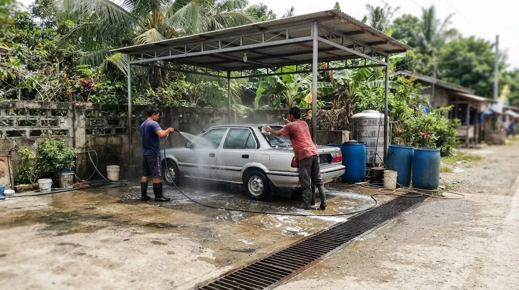 A small Philippine car wash bay under a steel canopy, with a worker pressure-washing a car on a sloped concrete slab