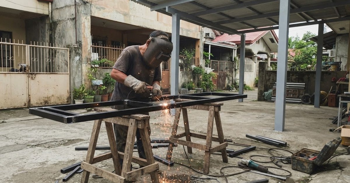 Welder fabricating a steel sliding gate frame on sawhorses under a new carport in a Philippine house driveway