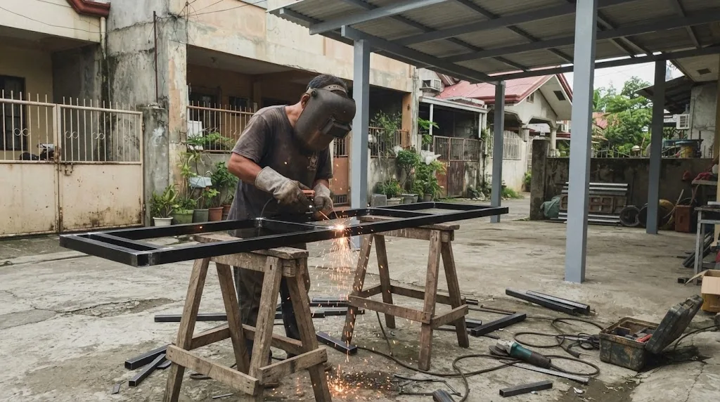 Welder fabricating a steel sliding gate frame on sawhorses under a new carport in a Philippine house driveway