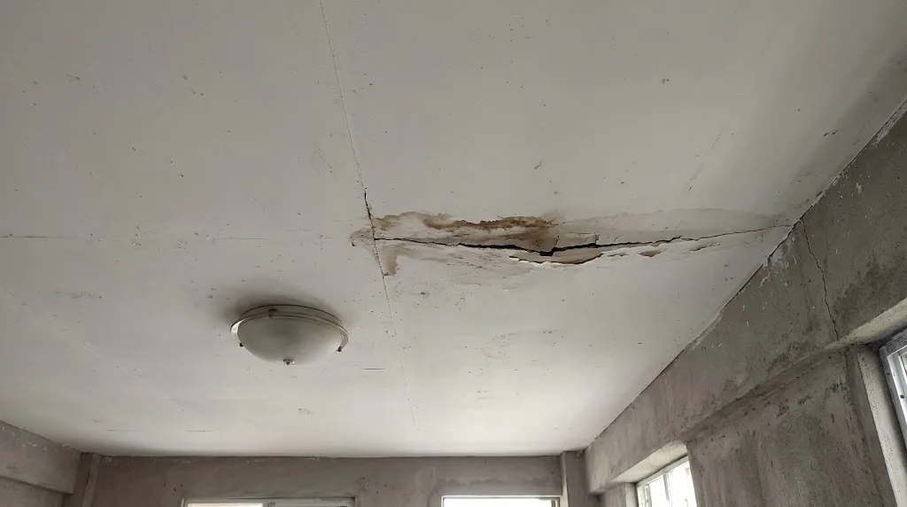 Water-stained gypsum board ceiling with a cracked joint in a Philippine house