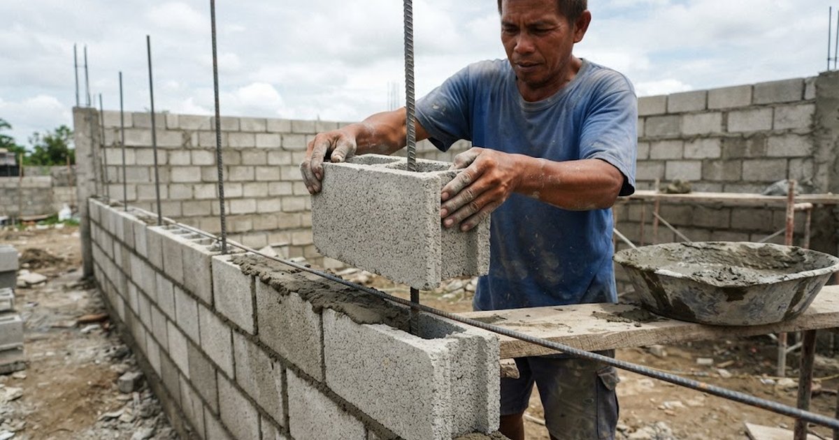 Filipino mason laying concrete hollow blocks around vertical steel bars on a half-built house wall