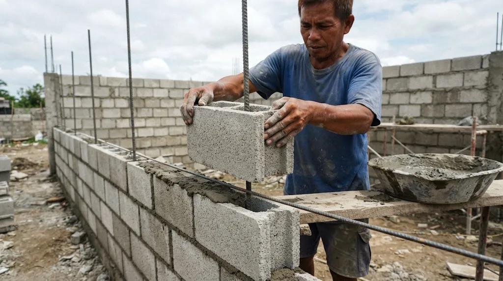 Filipino mason laying concrete hollow blocks around vertical steel bars on a half-built house wall