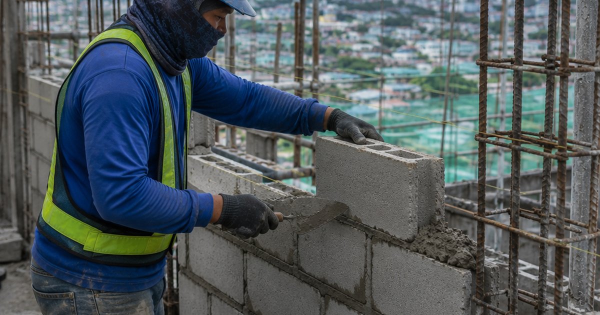 Concrete hollow block wall under construction in the Philippines