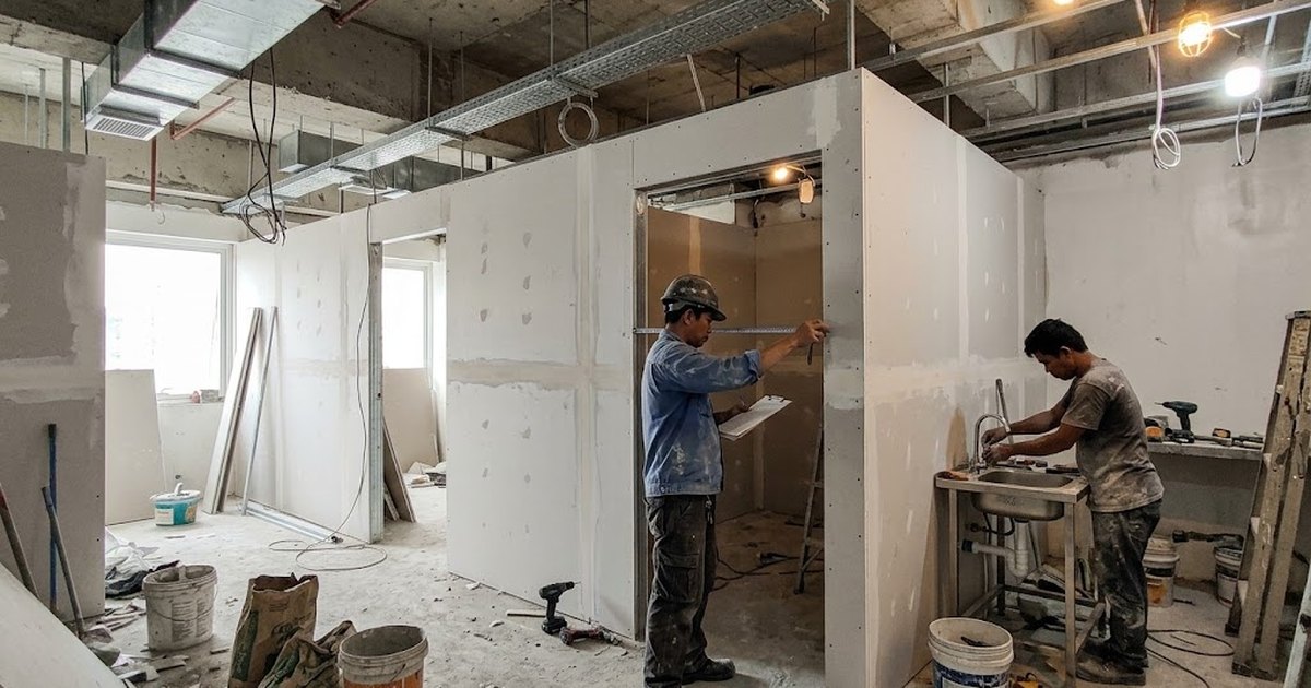 Workers installing partition boards and fixtures during a clinic fit-out