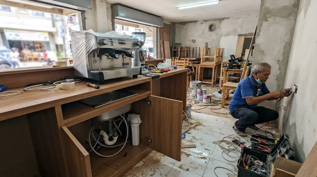 A small coffee shop being fitted out, with a plastic-wrapped espresso machine on a wooden bar counter, the sink drain and water filter visible under the counter, and an electrician wiring an outlet