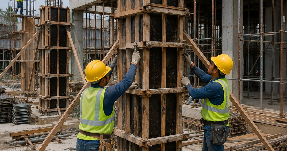 Column formwork and reinforcement on a Philippine two-storey house under construction
