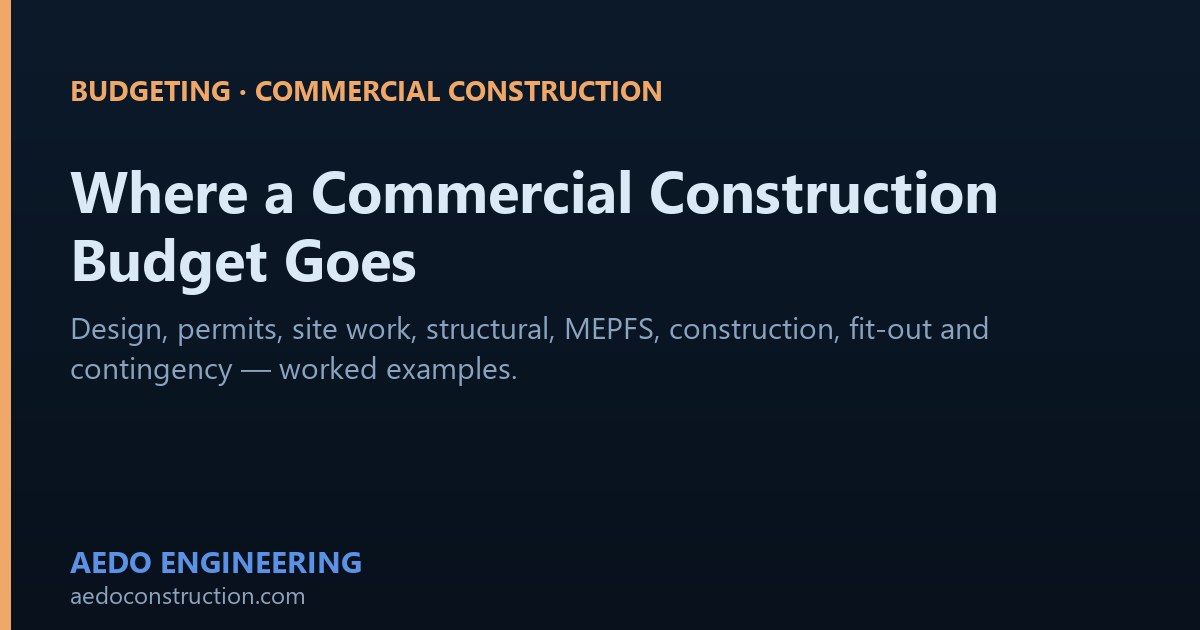 Commercial construction budget split across design, permits, structure, MEPFS and contingency