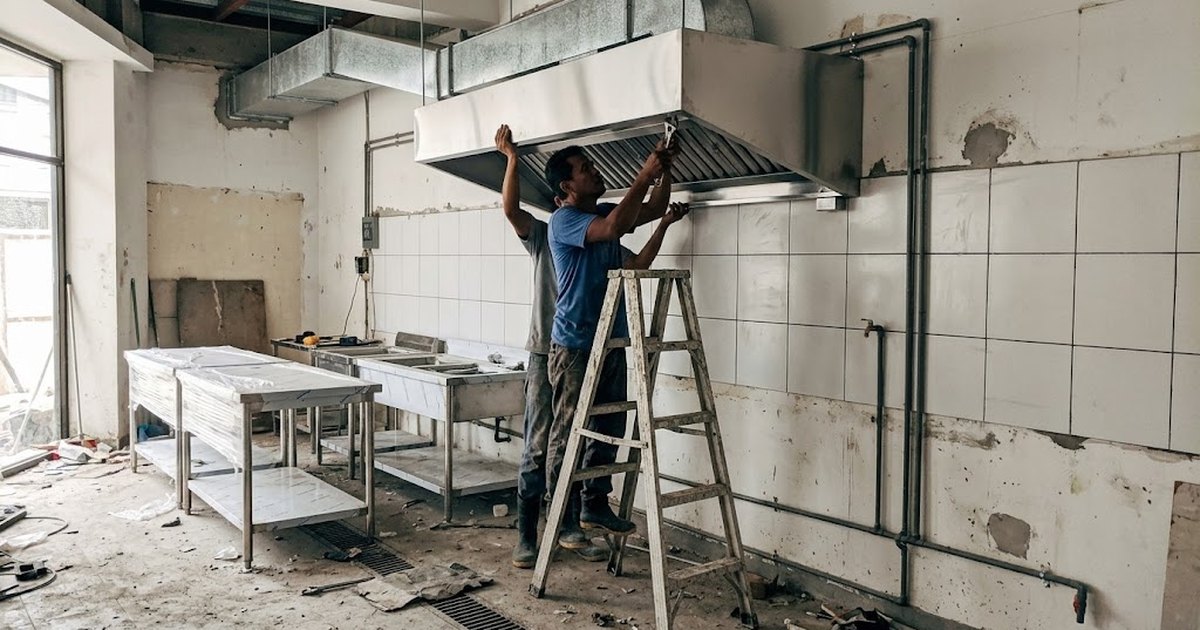 Workers installing a stainless steel exhaust hood in a commercial kitchen fit-out