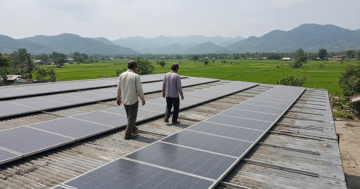 Large rooftop solar array on the metal roof of a Filipino rice mill warehouse, workers walking along the panel rows