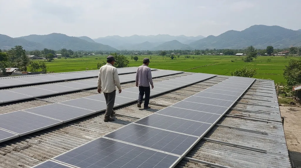 Large rooftop solar array on the metal roof of a Filipino rice mill warehouse, workers walking along the panel rows