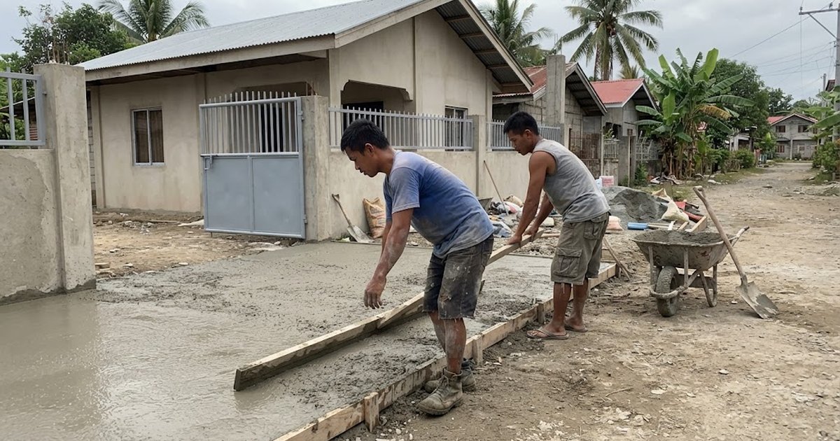 Two workers screeding freshly poured concrete for a house driveway in the Philippines