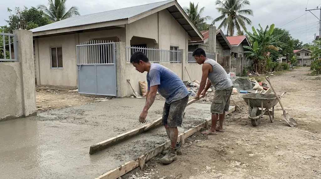 Two workers screeding freshly poured concrete between wooden forms for a house driveway in the Philippines