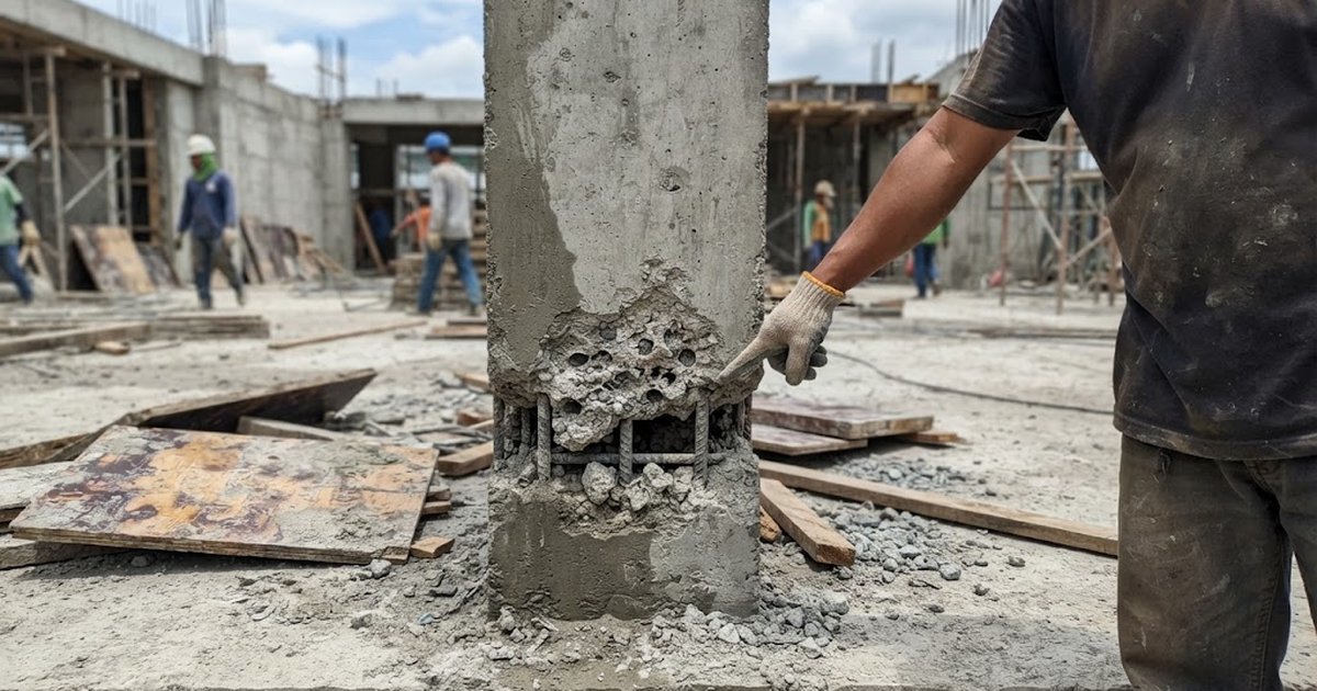 Honeycombed voids and exposed gravel at the base of a newly stripped concrete column on a Philippine construction site