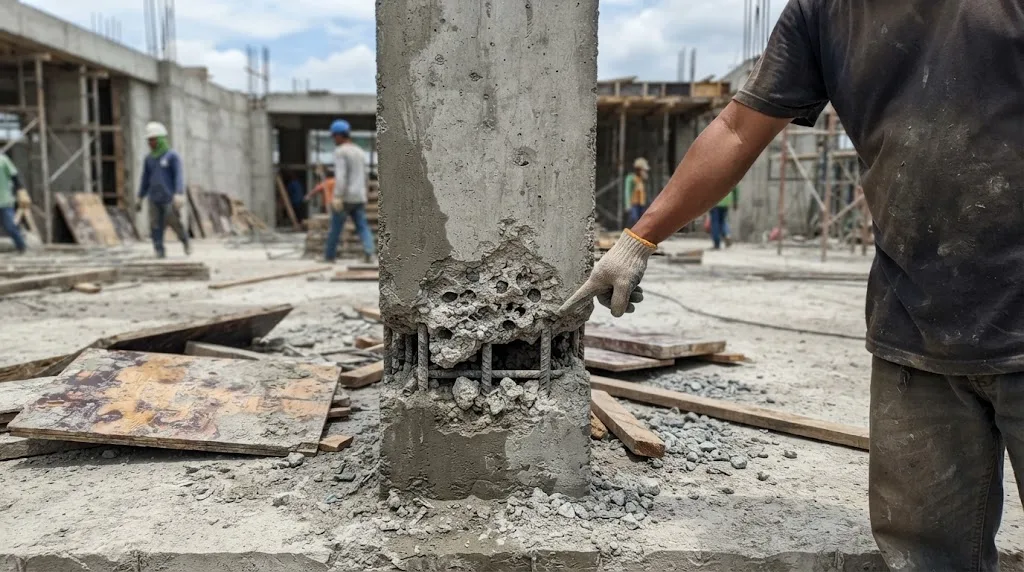 Honeycombed voids and exposed gravel at the base of a newly stripped concrete column on a Philippine construction site