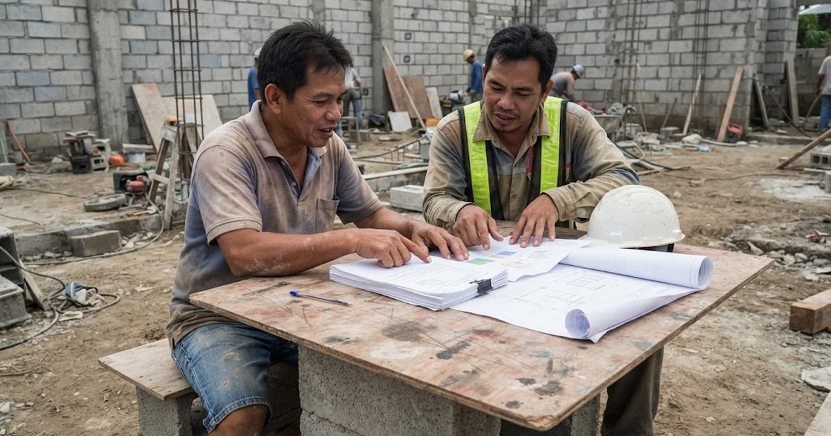 Filipino homeowner and contractor reviewing a printed construction contract and plans on a plywood table at a house site