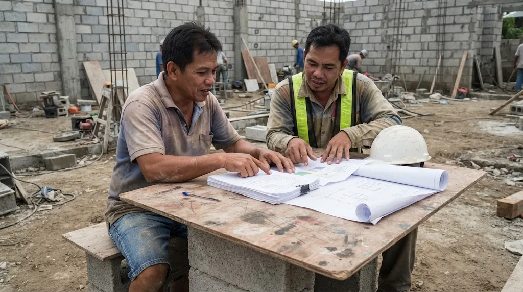 Filipino homeowner and contractor reviewing a printed construction contract and plans on a plywood table at a house site
