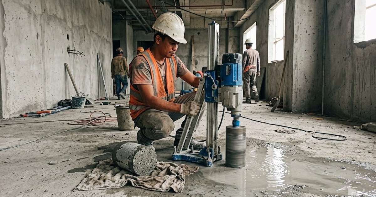 Technician drilling a concrete core sample from a slab with a core drill