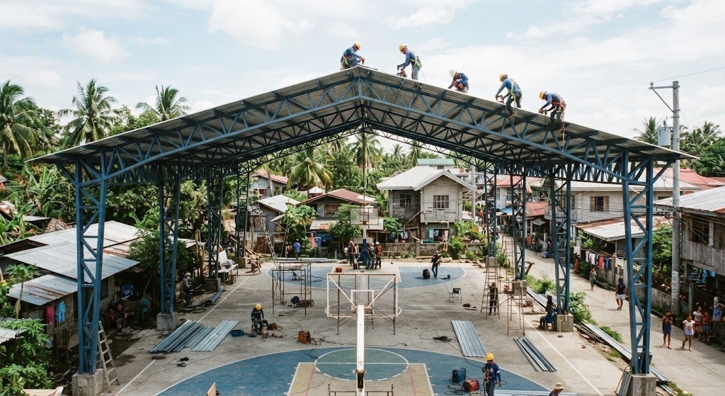 Covered basketball court with a large steel truss roof structure in a Philippine barangay