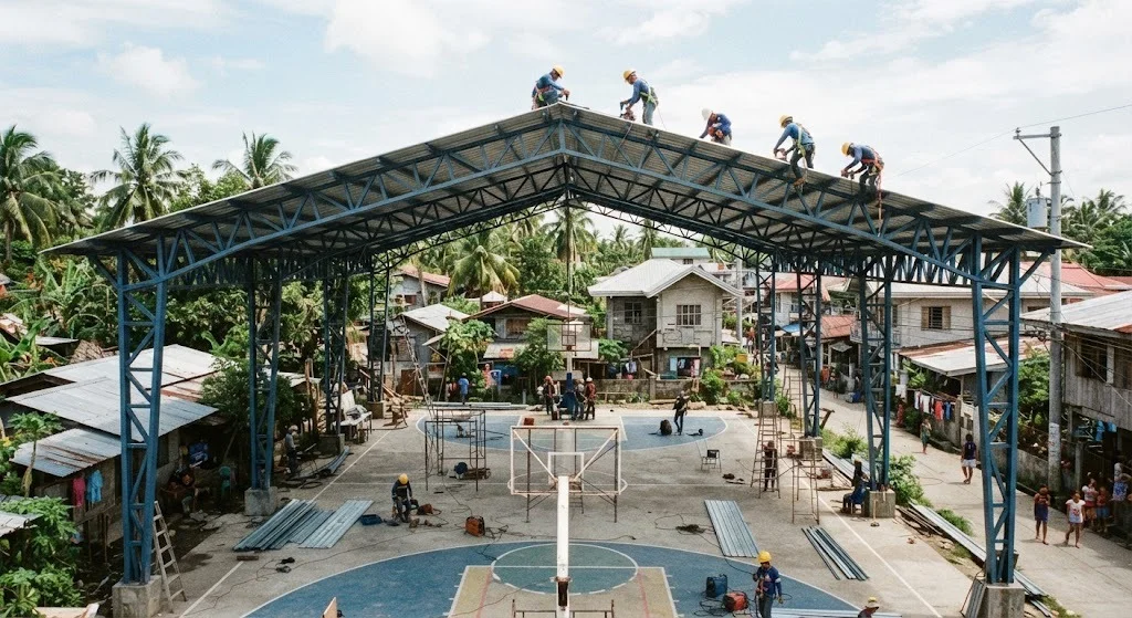 Steel truss roof frame under construction over a concrete basketball court slab