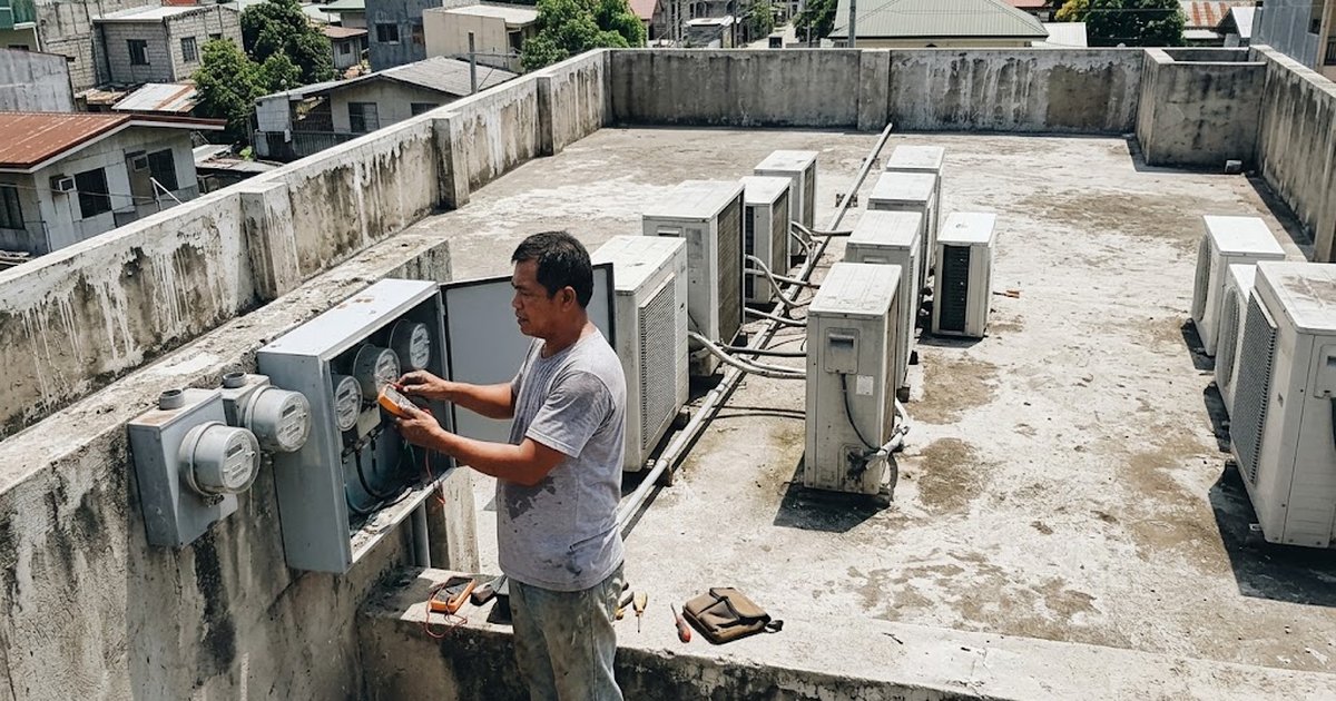 Facilities staff checking an electric meter and an aircon outdoor unit on the roof of a small Filipino commercial building on a hot day