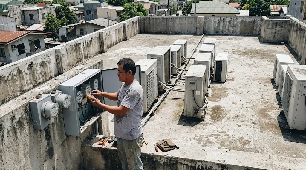 Facilities staff checking an electric meter and an aircon outdoor unit on the roof of a small Filipino commercial building on a hot day