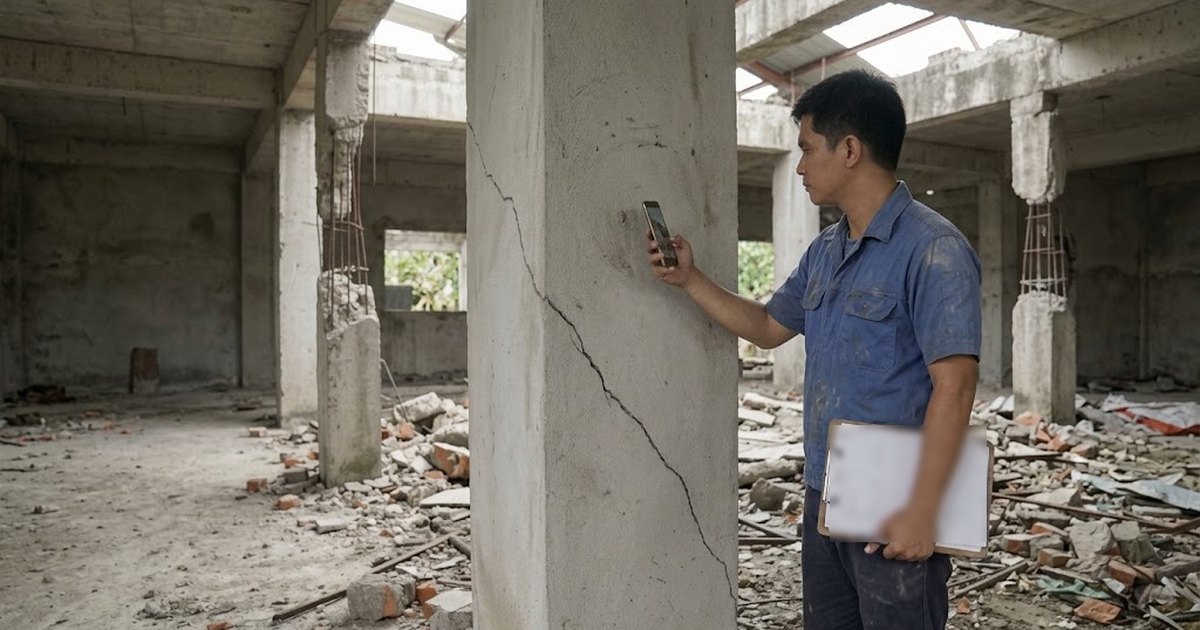 Filipino engineer photographing and measuring a diagonal crack in a concrete column of a typhoon-damaged commercial building while holding a clipboard
