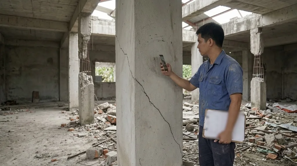 Filipino engineer photographing and measuring a diagonal crack in a concrete column of a typhoon-damaged commercial building while holding a clipboard