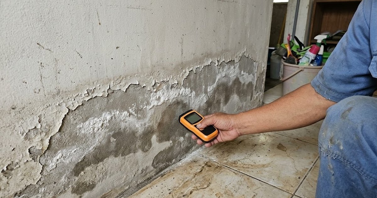 Hand holding a moisture meter against a damp wall with peeling paint and white salt stains
