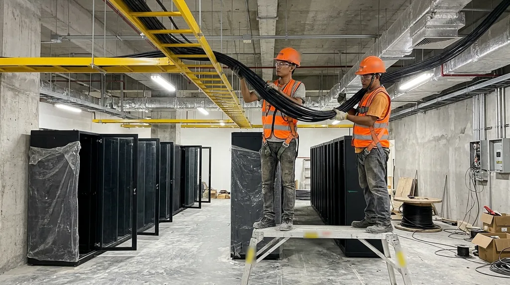 Two Filipino electricians in orange hard hats and reflective vests standing on a work platform, pulling a bundle of black cables off a yellow overhead cable tray inside an unfinished data hall, with rows of empty black server cabinets, some still wrapped in plastic, on a dusty concrete floor under bare concrete columns and exposed ductwork