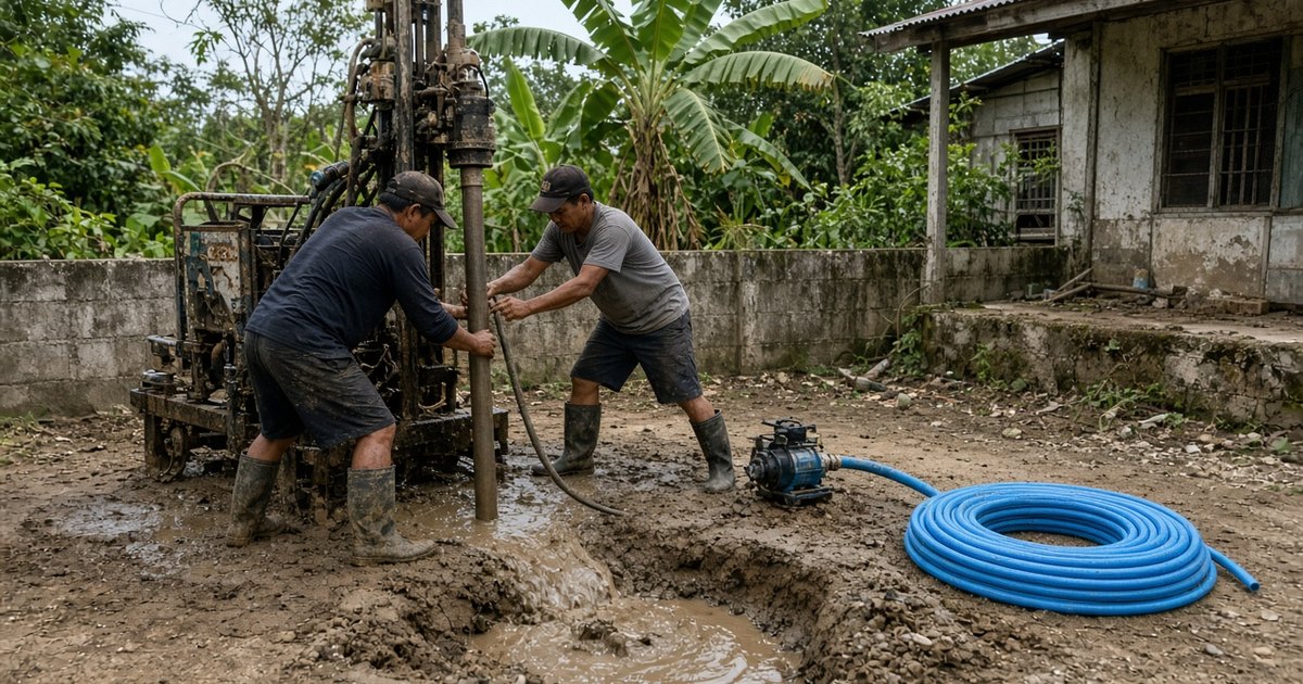 Two drillers operating a small well drilling rig in a muddy backyard with a coil of blue pipe and a pump nearby