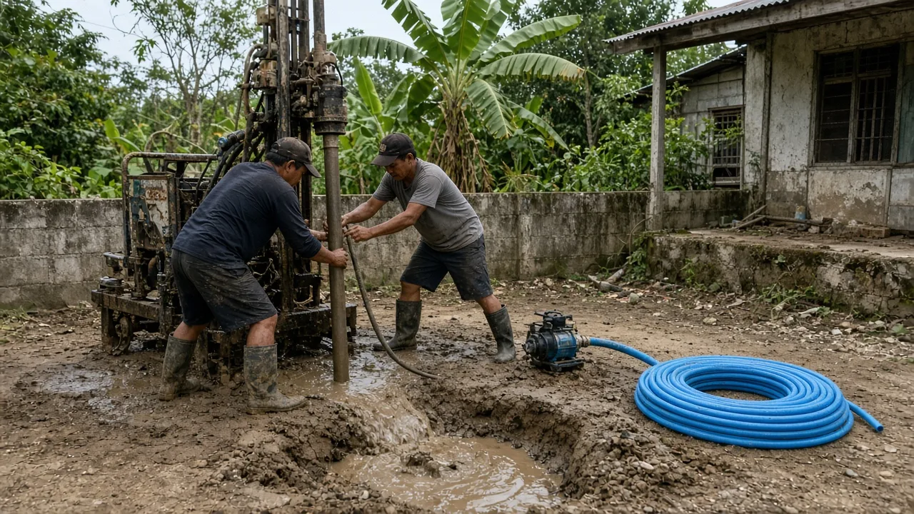 Two drillers operating a small well drilling rig in a muddy backyard with a coil of blue pipe and a pump nearby
