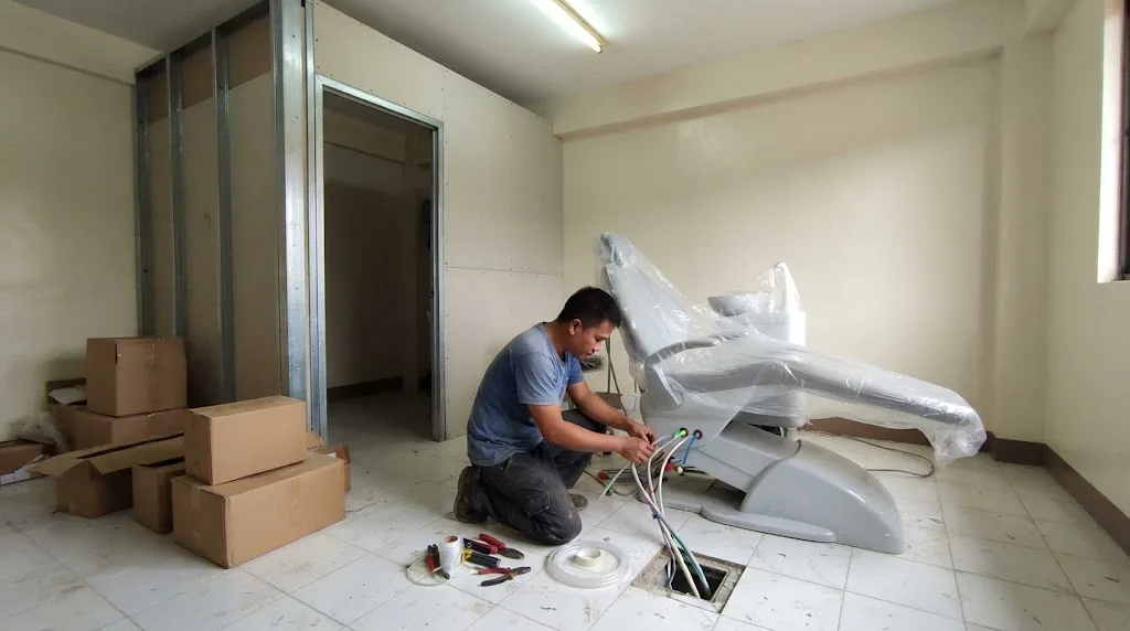 A small dental clinic being fitted out, with a new dental chair still wrapped in plastic and a technician connecting the water and suction lines at its base