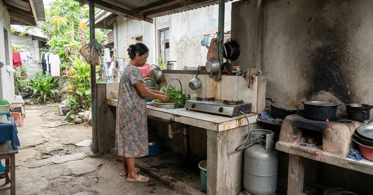 Outdoor dirty kitchen with a tiled concrete counter, gas stove and wood-fired stove behind a Filipino house