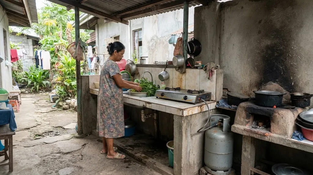 Filipino woman washing vegetables at a tiled concrete counter with a sink and a two-burner gas stove in an outdoor dirty kitchen under a GI roof on steel posts, with a grey LPG cylinder standing on the ground next to a soot-blackened wood-fired clay pugon
