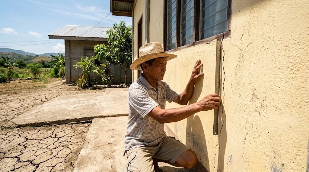Dry cracked ground beside the concrete apron of a one-storey concrete house in Negros Oriental, a Filipino homeowner holding a steel ruler against a thin crack in the painted plaster wall under a hot sun