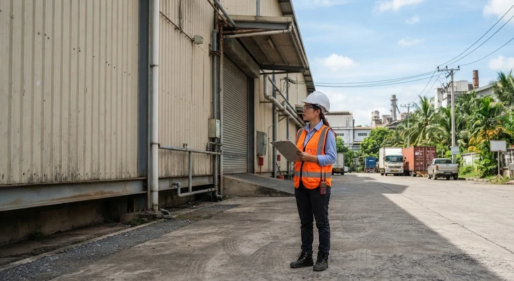 Engineer reviewing structural drawings on site at a commercial warehouse building
