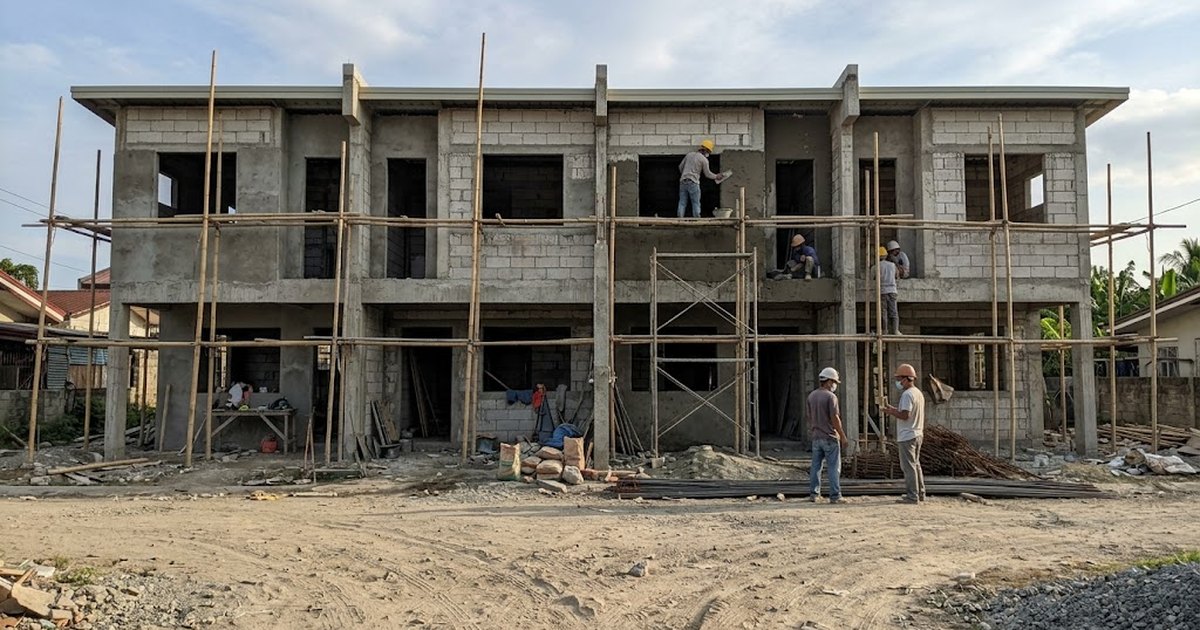 Row of two-storey townhouse units under construction in the Philippines, concrete frames and CHB walls, late afternoon
