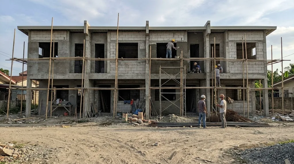 Row of two-storey townhouse units under construction in the Philippines, concrete frames and CHB walls, late afternoon
