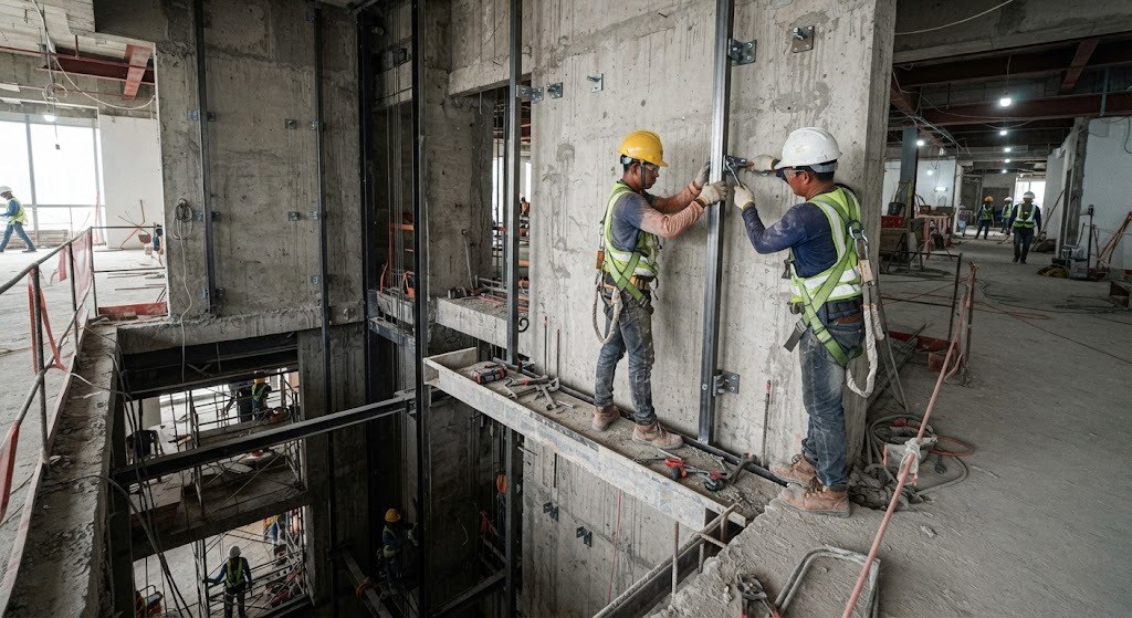 Elevator shaft opening cut through existing concrete floor slabs during a retrofit