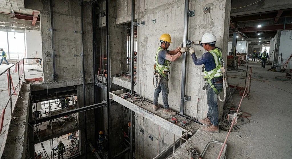 Elevator shaft opening cut through existing concrete floor slabs during a retrofit