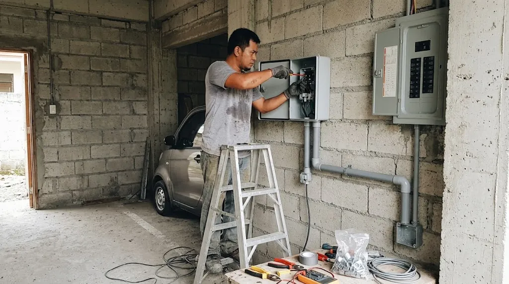 Filipino electrician mounting a wall-box EV charger and running conduit beside a parking slot in a residential garage