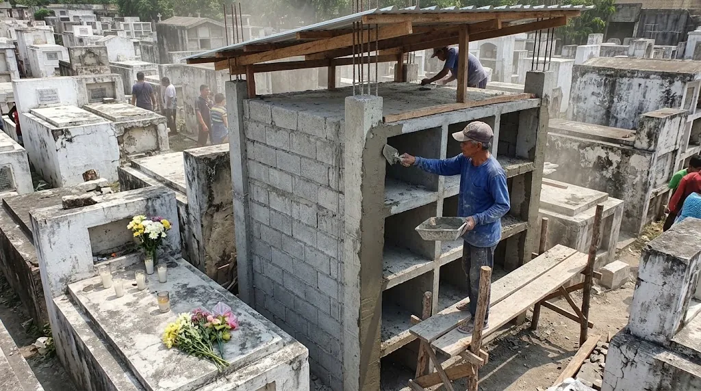 Filipino mason in a cap and blue shirt standing on a wooden trestle, plastering a new stacked apartment-type niche block with hollow-block walls, concrete posts and rebar sticking up, under a light timber and metal roof frame, in a crowded old public cemetery with whitewashed tombs, candles and flowers in front and people walking behind